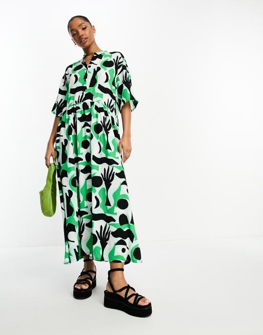 White dress with green leaf cheap print