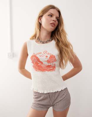 smock shirred sleeveless tank top with frill edge and contrast orange 'Ocean Breeze' print in white