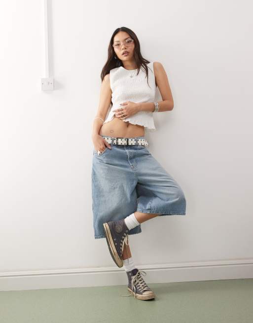 Monki smock shirred sleeveless tank top with frill edge in