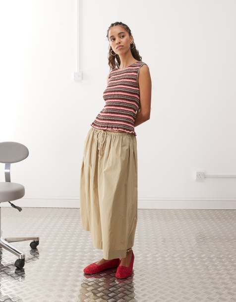 Monki smock shirred sleeveless tank with frill edge in brown stripe