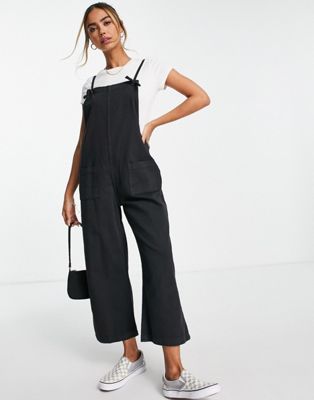 Monki cotton dungarees with front pockets in black  - BLACK
