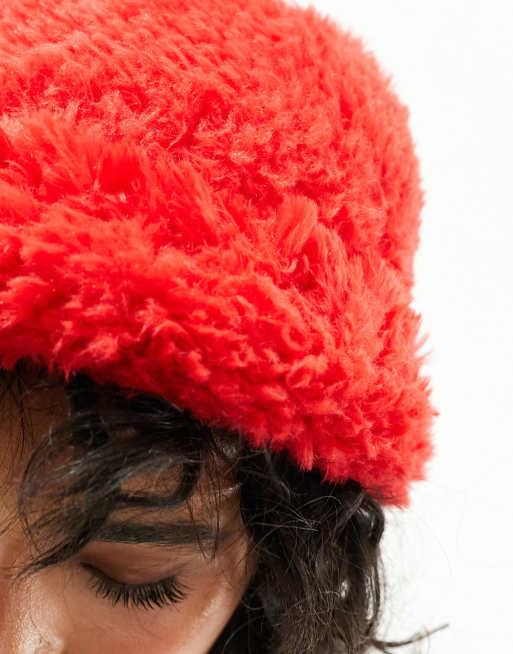 Monki soft faux fur hat in red