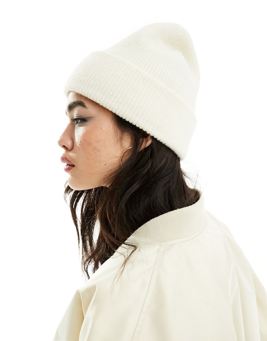 Monki soft knit beanie hat in cream-White