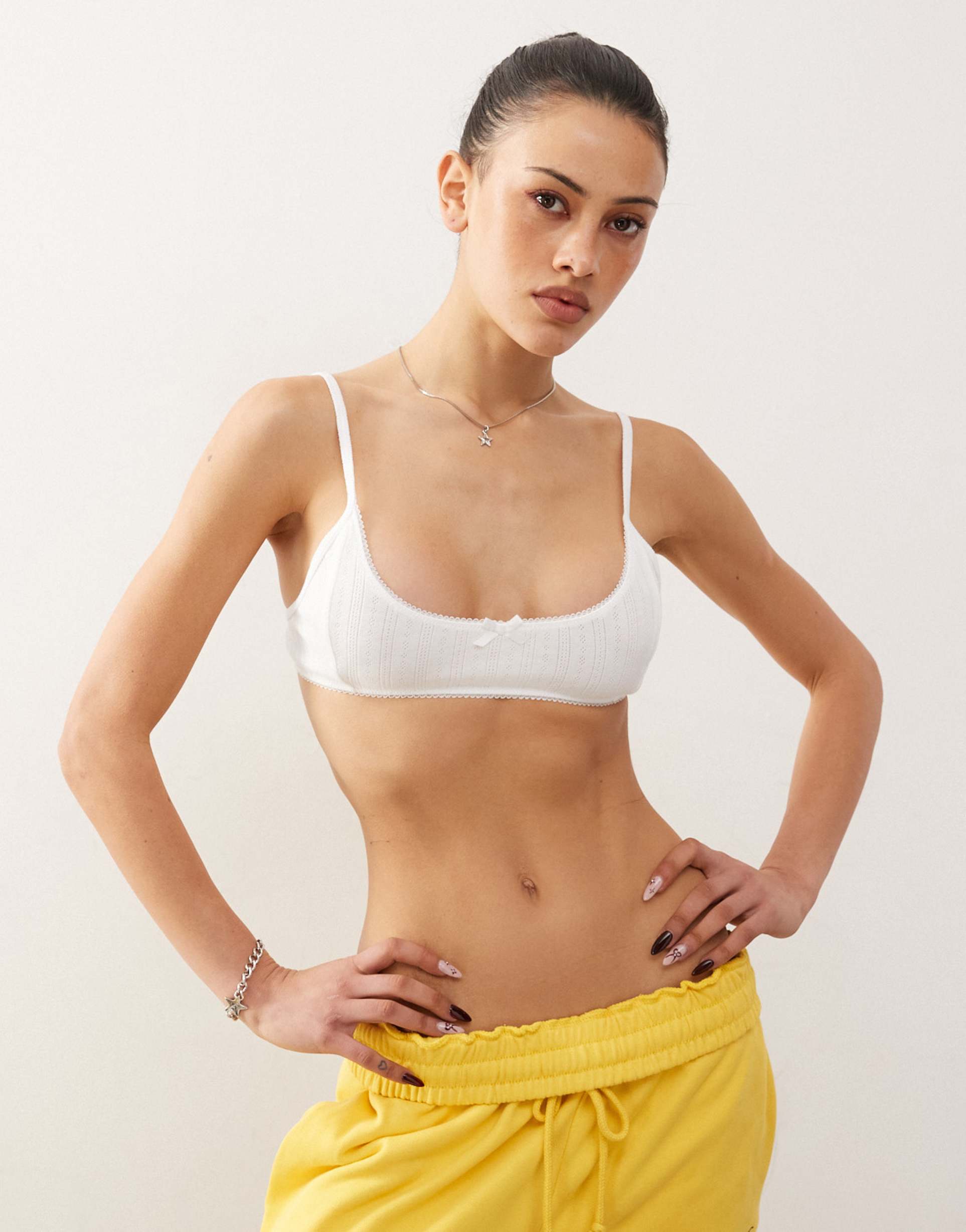 monki soft scoop neck pointelle bralet with small bow in white