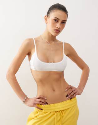 Monki Monki soft scoop neck pointelle bralette with small bow in white