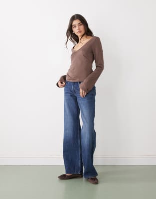 Monki Soft Touch V-neck Top In Brown