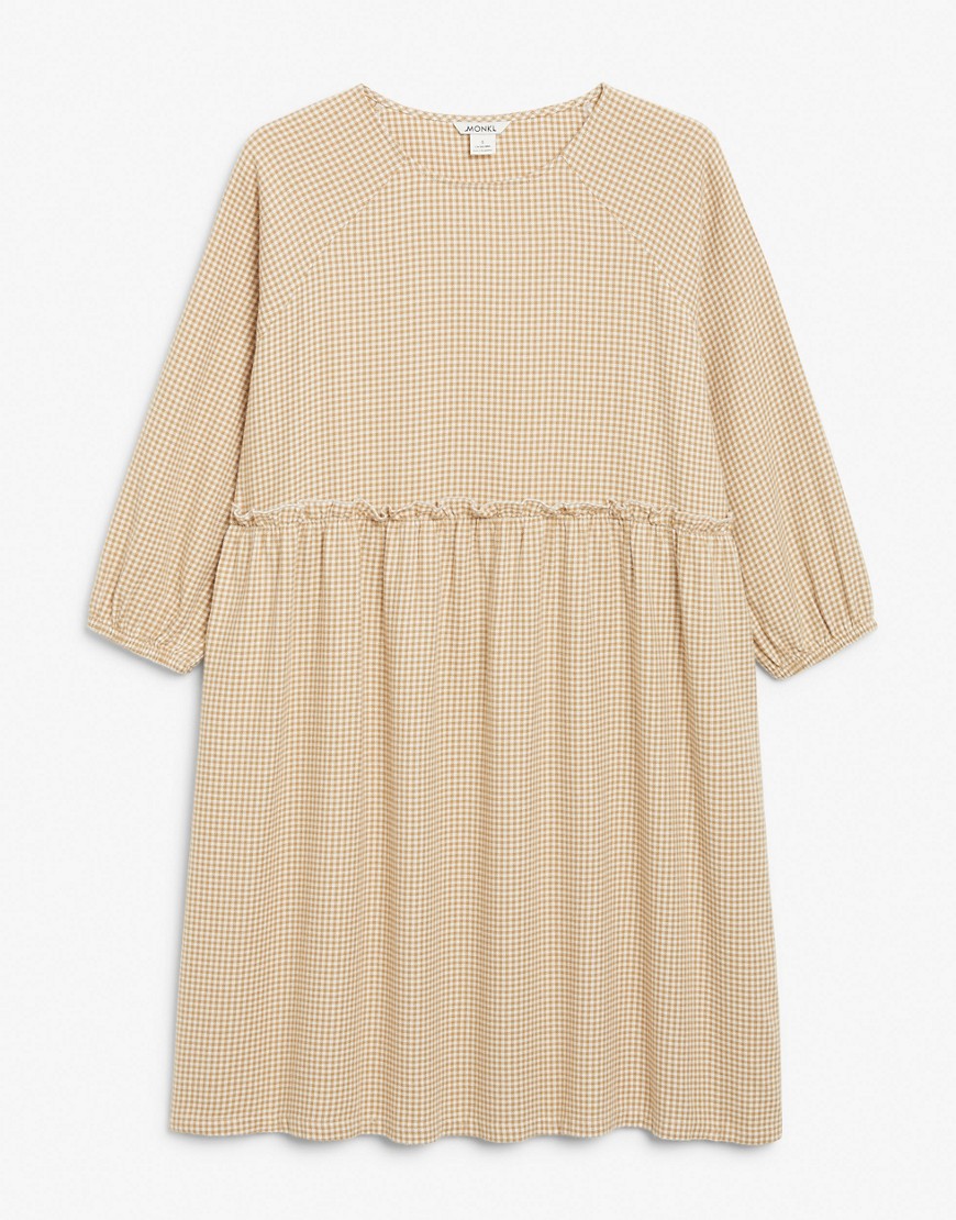 Monki Sol cotton check print mini smock dress in beige-Neutral