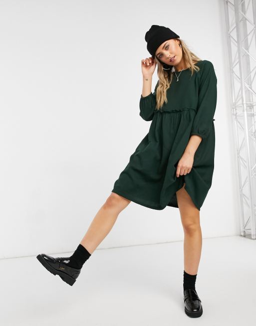 Monki Sol cotton mini smock dress in dark green