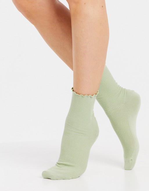 Monki Sophie organic cotton blend frill edge socks in green
