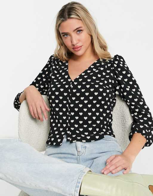 Monki - Sort bluse med hjerteprint - BLACK