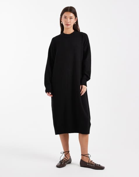 Monki - Sort langærmet midi-sweaterkjole i strik - view 1