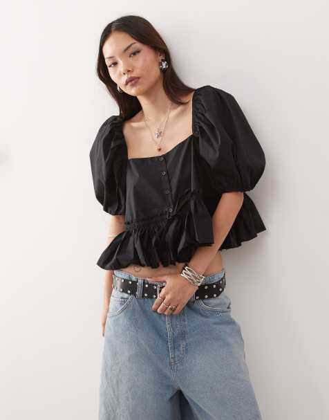 Monki - Sort milkmaid-bluse med pufærmer og peplum-kant - view 1