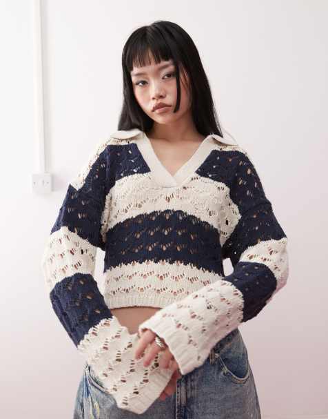 Monki - Sort og beige strikket polo med hulmønster - view 1