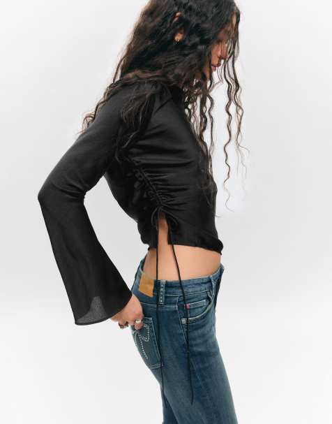 Monki - Sort overdel med bådudskæring og lange ærmer i krøllet satin - view 1