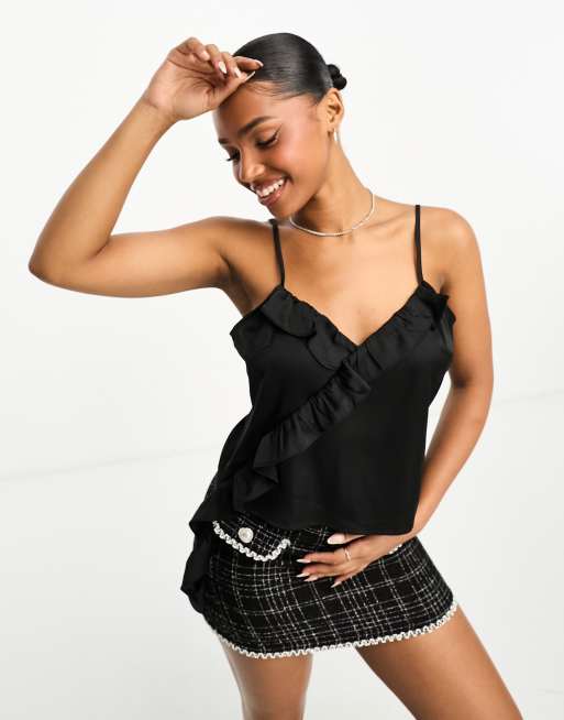 Monki - Sort satin-top med flæser