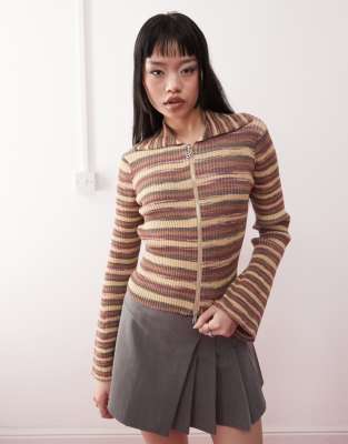 space dye zip through cardigan in brown and yellow stripe-Multi