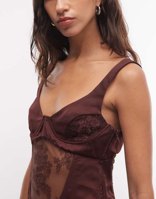 Monki spetsig satin-korsettopp med snörning i burgundy, 2 av 4