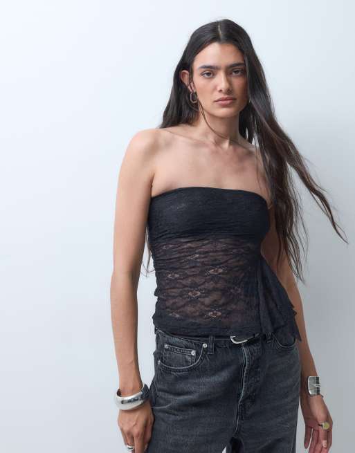 Monki Spitzen-Bandeautop mit Volantdetail in Schwarz, exklusiv bei ASOS, 5 von 9