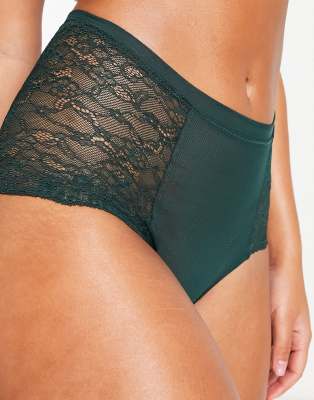 Monki - Spitzenslip in grün mit Satin-Einsätzen und hohem Bund