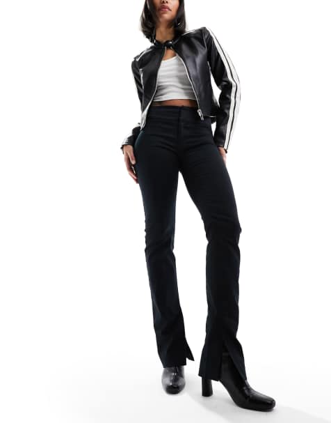 Monki split hem fitted trousers in black - view 1