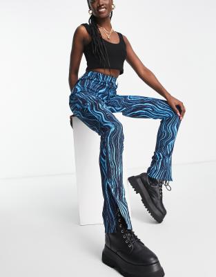 Monki split hem slim trousers in blue swirl print - ASOS Price Checker