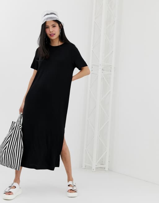 Monki split side midi t-shirt dress in black