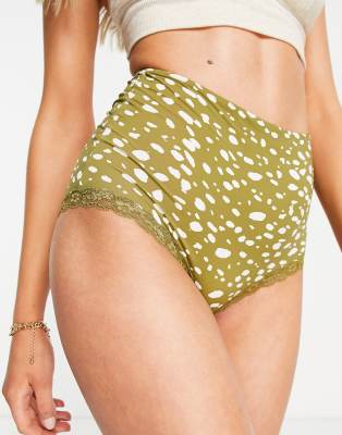 Monki spot print high waisted brief in olive green - KHAKI - ASOS Price Checker