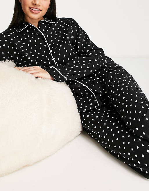 Lingerie & Nightwear Monki spot print shirt and trouser pyjama set in black 