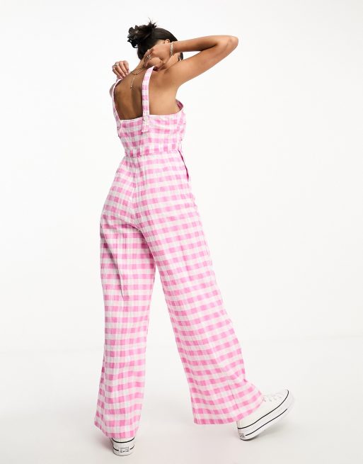 Monki sqaure neck jumpsuit with front ruching in pink gingham