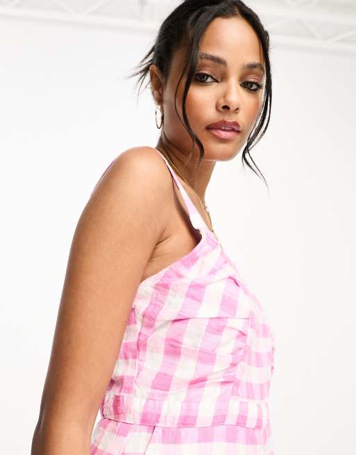 Monki sqaure neck jumpsuit with front ruching in pink