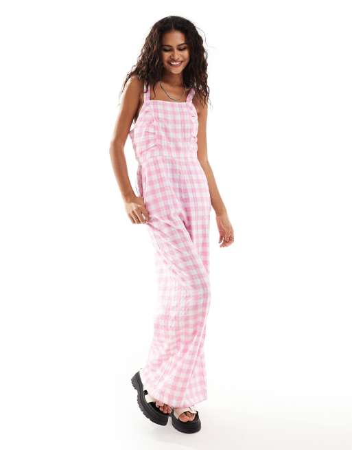 Monki sqaure neck jumpsuit with front ruching in pink gingham ASOS