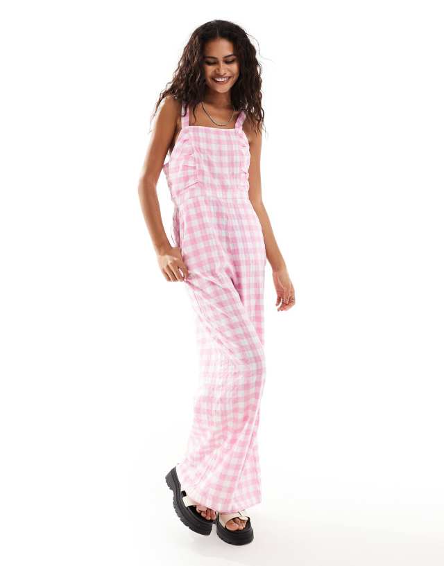 Monki - sqaure neck jumpsuit with front ruching in pink gingham