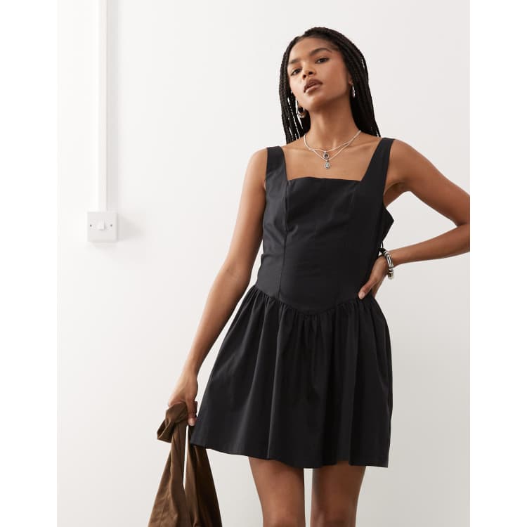 Monki square neck cotton mini dress with drop waist in black | ASOS
