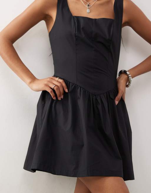 Monki square neck cotton mini dress with drop waist in black , 3 of 4