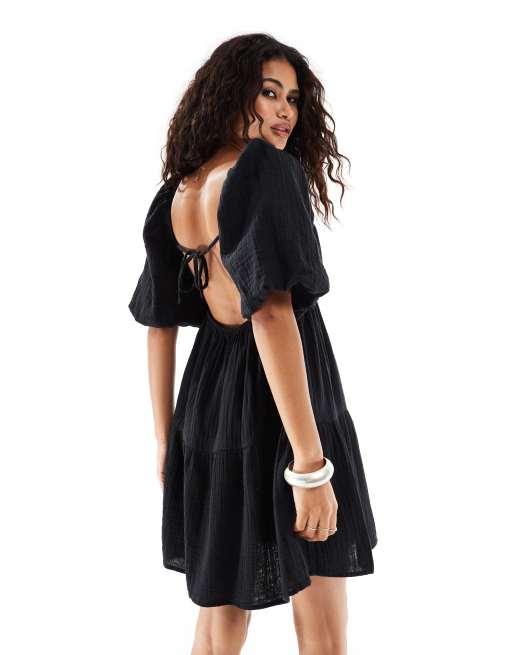 Monki square neck mini dress with tiered hem in textured