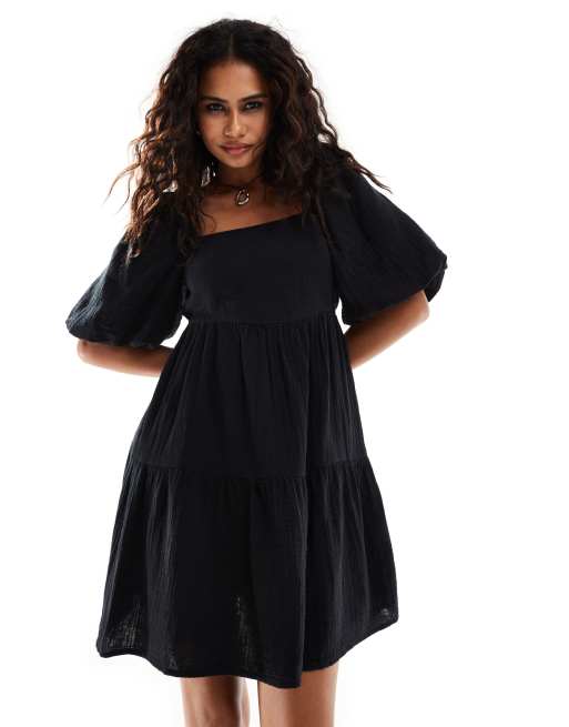 Monki square neck mini dress with tiered hem in textured black