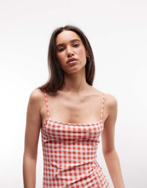 Monki square neck singlet top in red gingham print (part of a set) - view 1