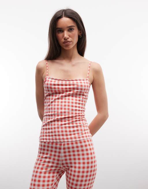 Monki square neck vest top co-ord in red gingham print, 3 of 4
