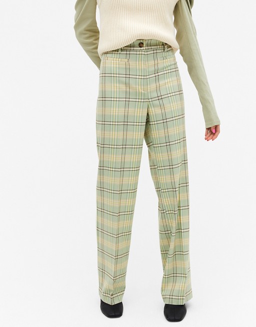 Monki Stacy check flare trousers in green