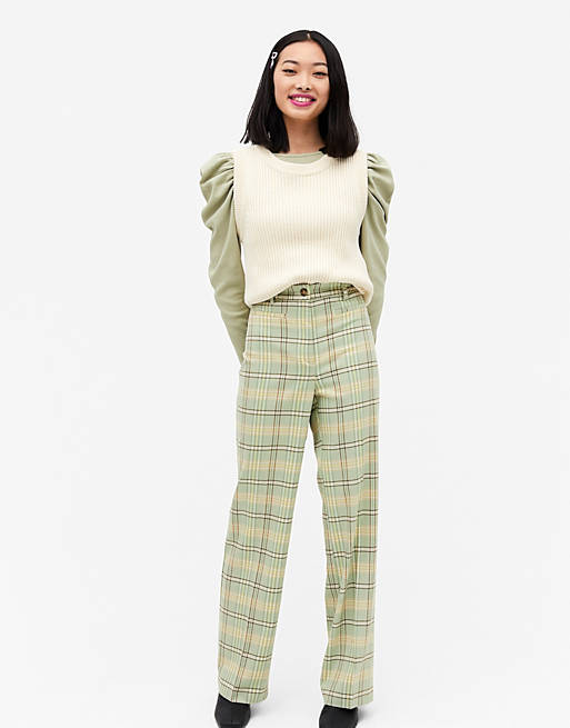  Monki Stacy check flare trousers in green 