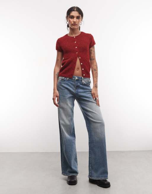 Monki stickad kofta med kort ärm i burgundy, 2 av 4