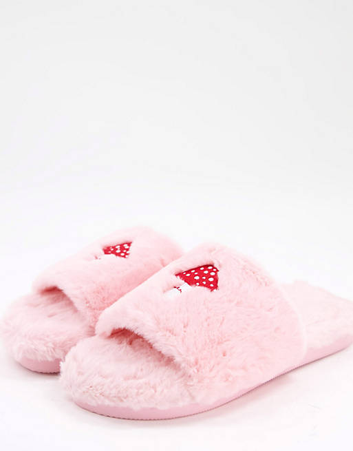 Monki Sting recycled mushroom fur slippers in pink