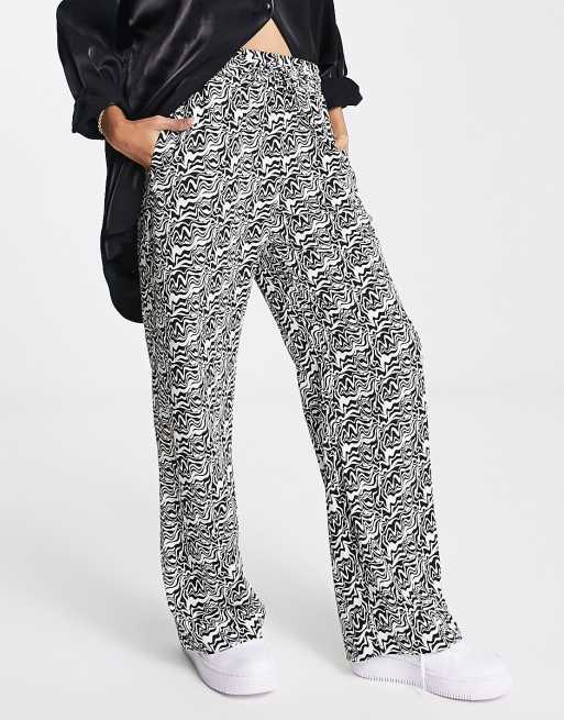 Monki straight leg drawstring trousers in black and white swirl ASOS
