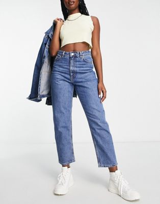 Monki Straight Leg Jeans With Teddy Embroidered Pocket In Washed Blue ...