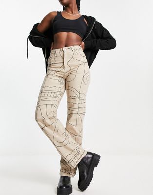 Monki straight leg trousers in graphic line print