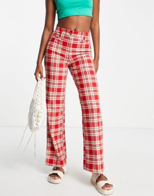 Monki straight leg trousers in red check