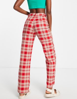 womens red check trousers