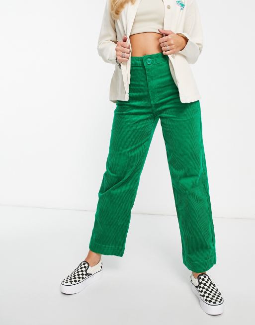 Monki straight leg turn-up corduroy pants in green | ASOS