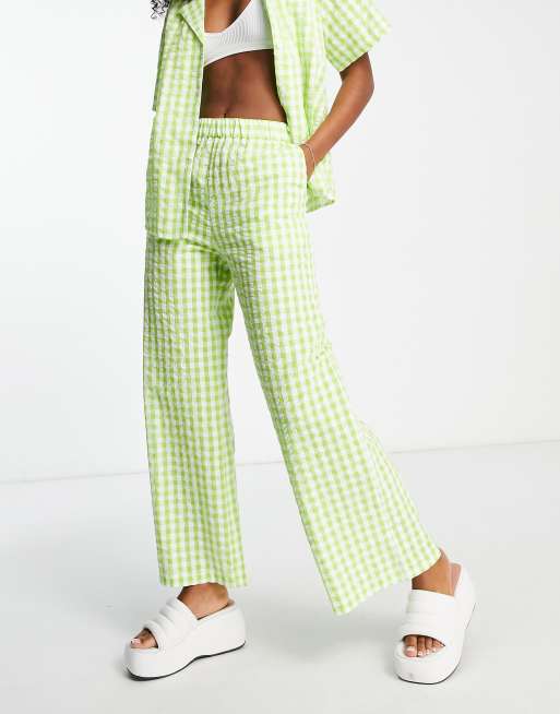 Monki pajama pants in tartan green plaid