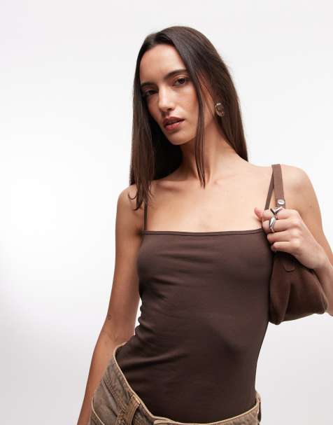 Monki straight strap tank top in dark brown - view 1